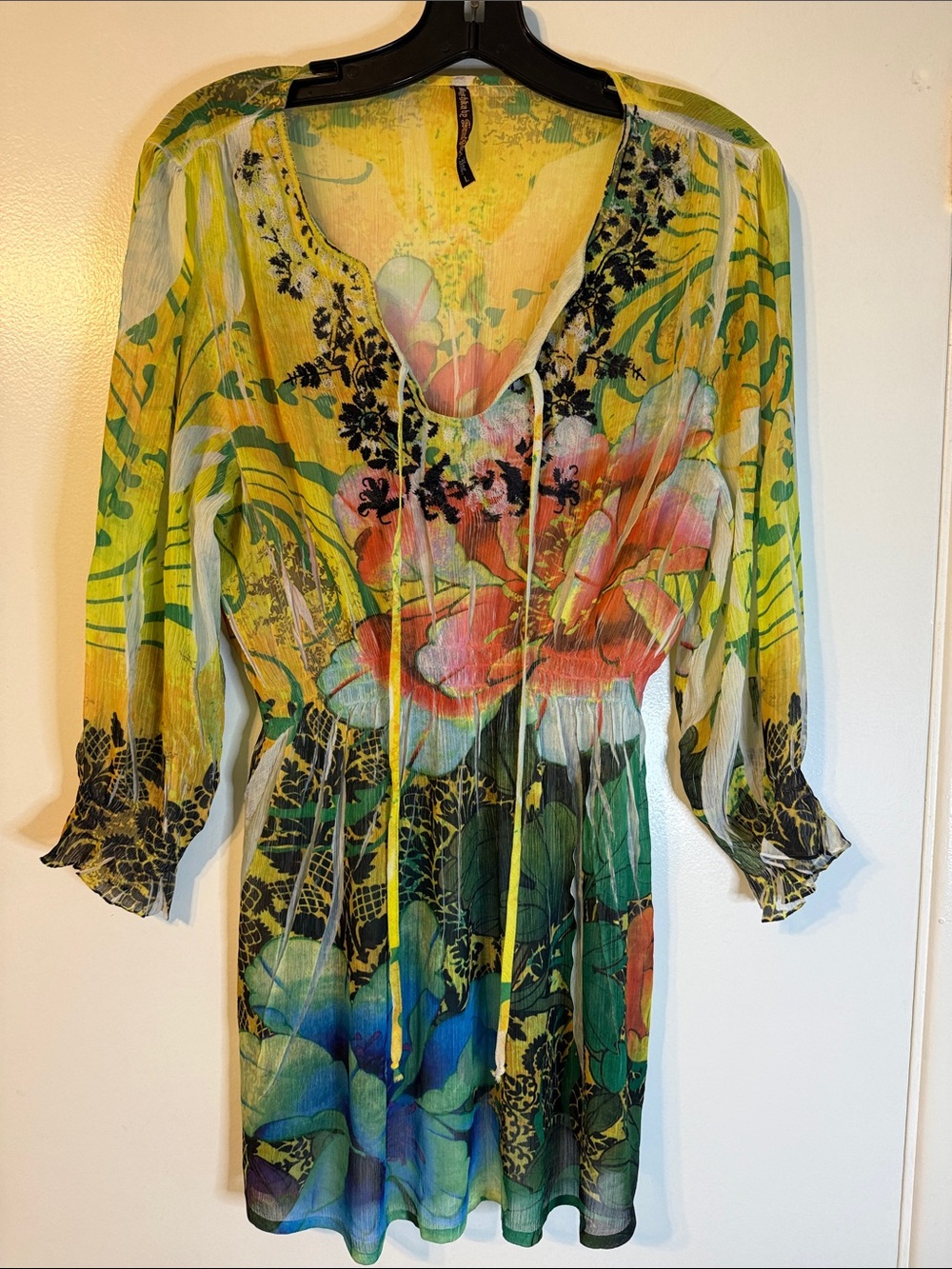 Sienna Rose Yellow Vibrant Floral Tie-Waist Tunic blouse in Yellow & Green